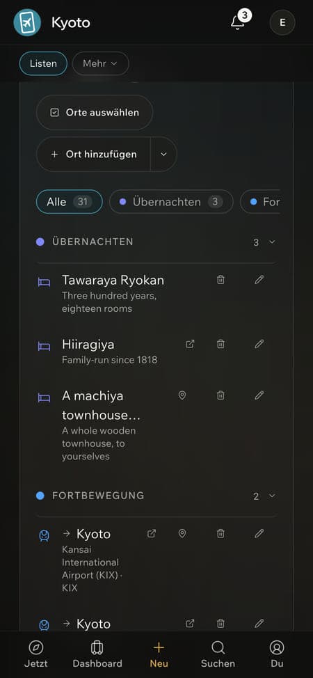 Eine kuratierte Liste von Unterkünften und Restaurants in Kyoto auf dem Smartphone, jeweils mit kurzer Beschreibung.