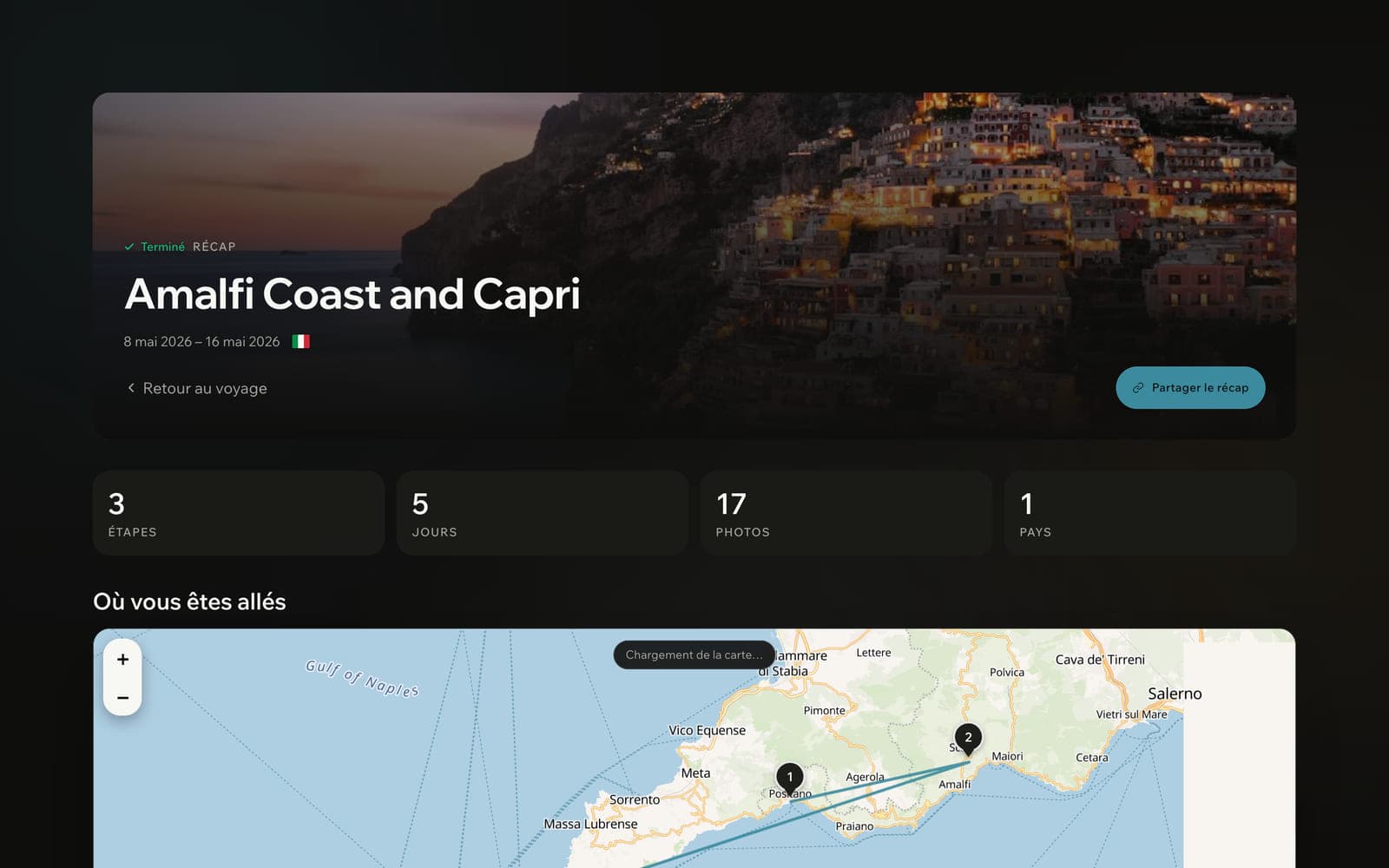 Le récapitulatif d'un voyage terminé sur la côte amalfitaine et à Capri, avec des tuiles pour les étapes, les jours, les photos et les pays.