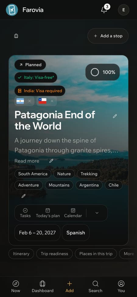 The Patagonia trip page on a phone: cover photo, the two-passport visa pills, the title and the trip's themes.